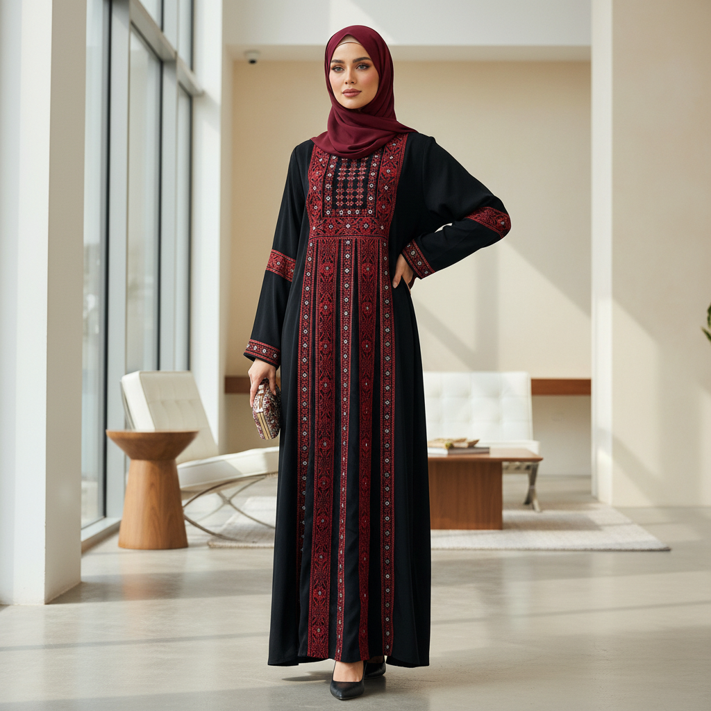 Acetate-like Mesh Tatreez Traditional Palestinian Heritage Abaya (MA253)