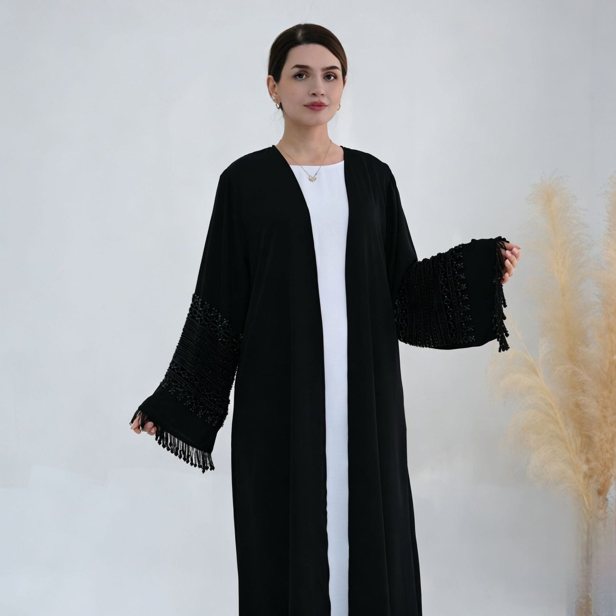 Beaded Embroidery Flared-Sleeve Open Abaya(MOA334) - Mariam's Collection