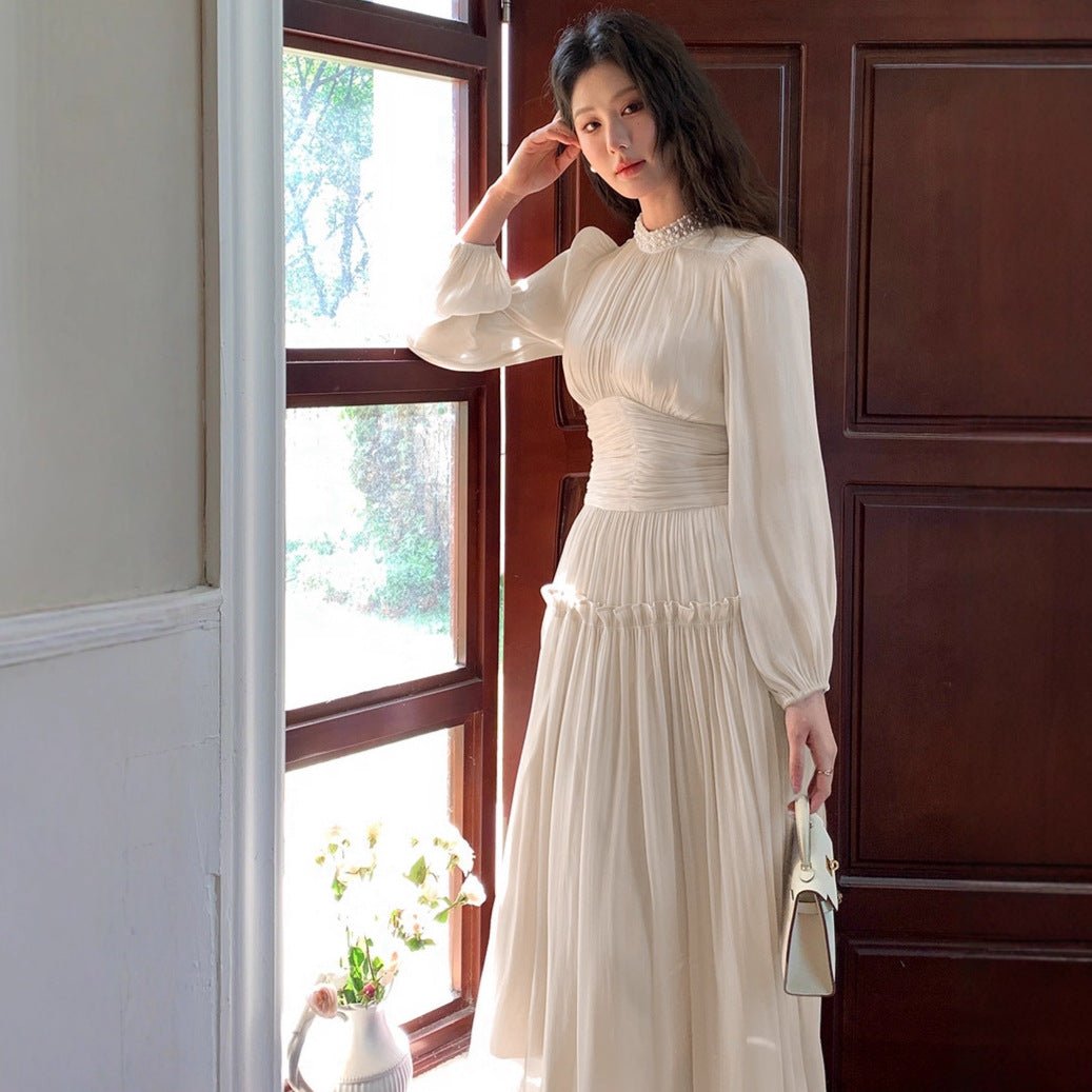 Front view of balloon sleeve detail on shimmer A-line occasion dress