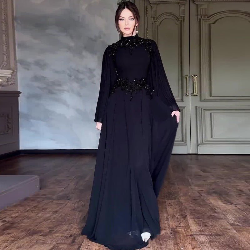 Beaded Lace Evening Gown | Pleated Sleeve Maxi Dress with Crystal Applique(MA346) - Mariam's Collection