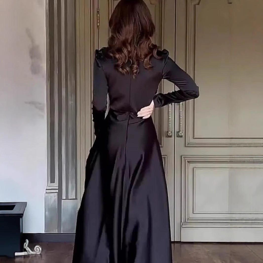 Beaded Satin Evening Gown | High Neck Long Sleeve Maxi Dress(MA349) - Mariam's Collection