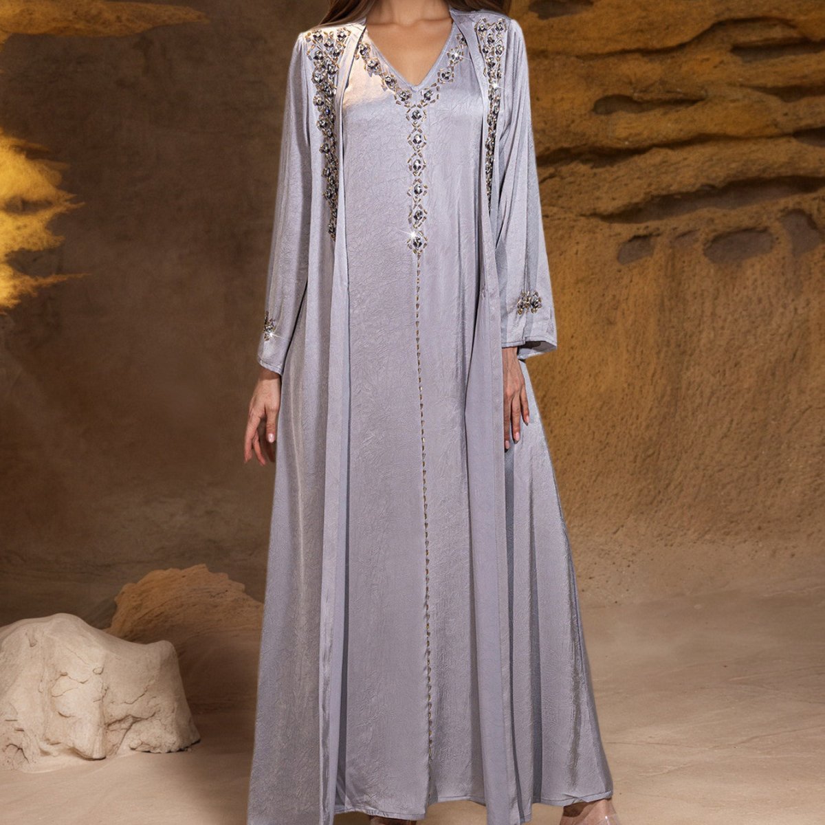 Beaded Two - Piece Abaya Set with Jacket | Embellished Kaftan Gown (MOA269)