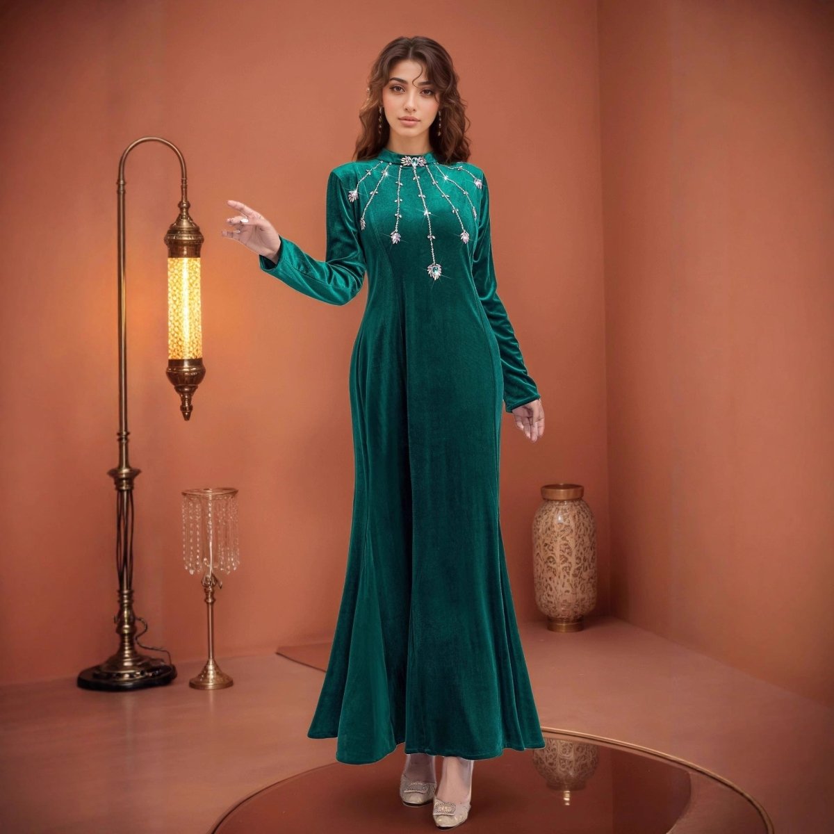 Beaded Velvet Mermaid Gown | Hand - Embellished Fishtail Dress(MA375) - Mariam's Collection