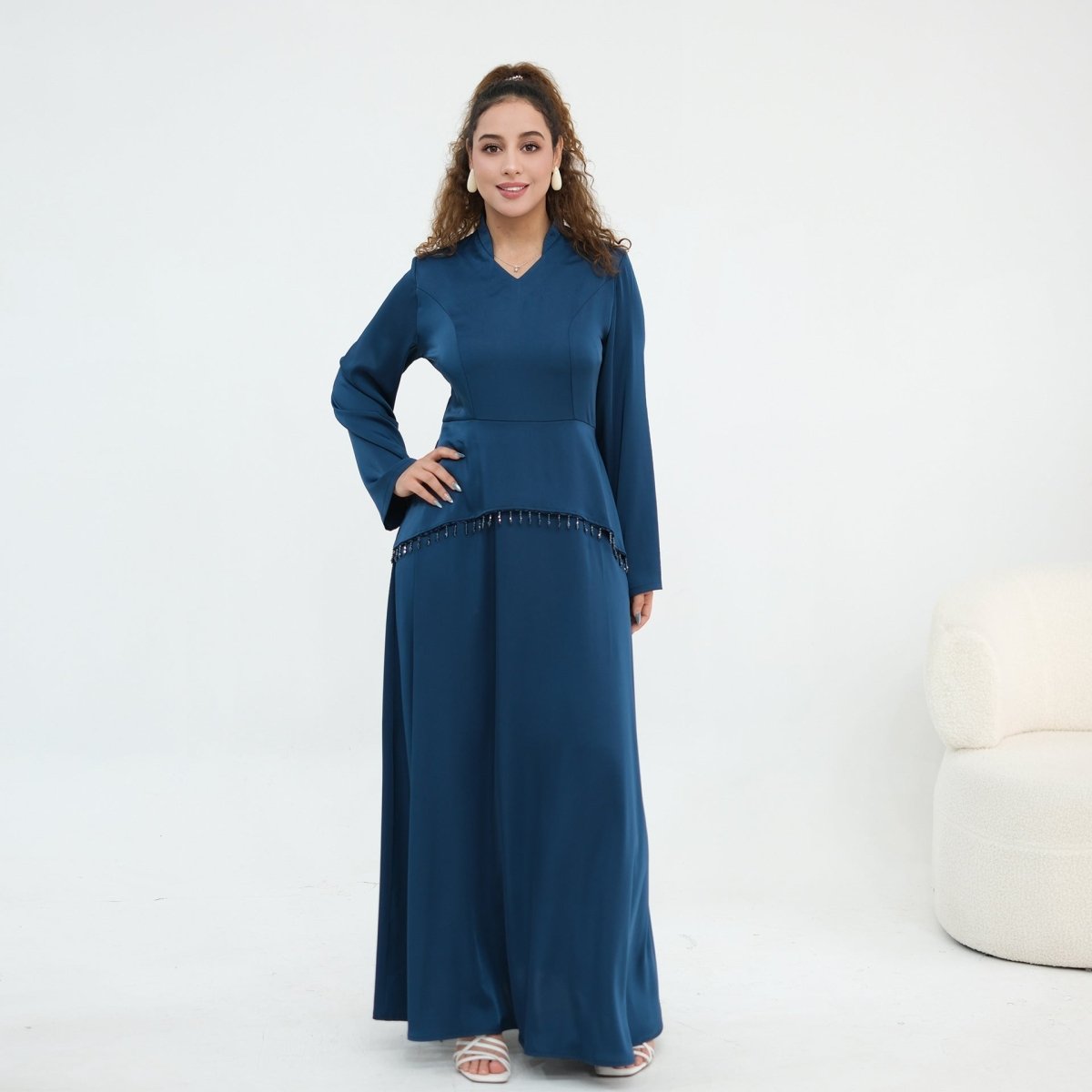 Beaded-Waist Corset-Back Flared-Sleeve Maxi Dress(MS476) - Mariam's Collection