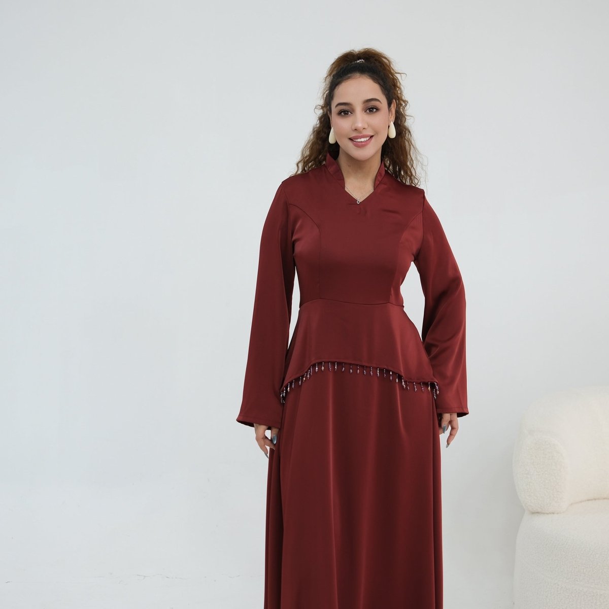 Beaded-Waist Corset-Back Flared-Sleeve Maxi Dress(MS476) - Mariam's Collection