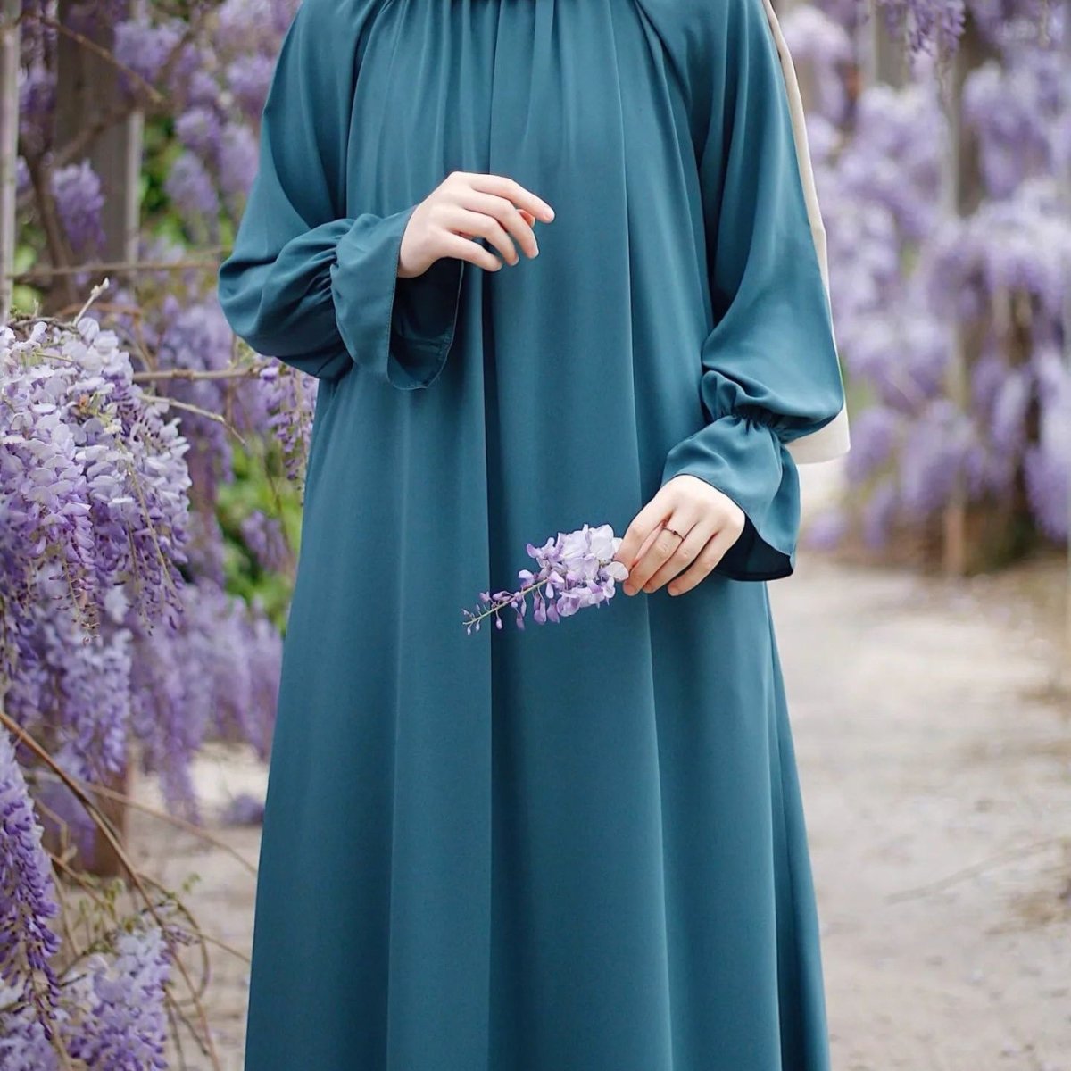 Bell Sleeve Chiffon Abaya | Round Neck Pocket Maxi Dress(MA363) - Mariam's Collection