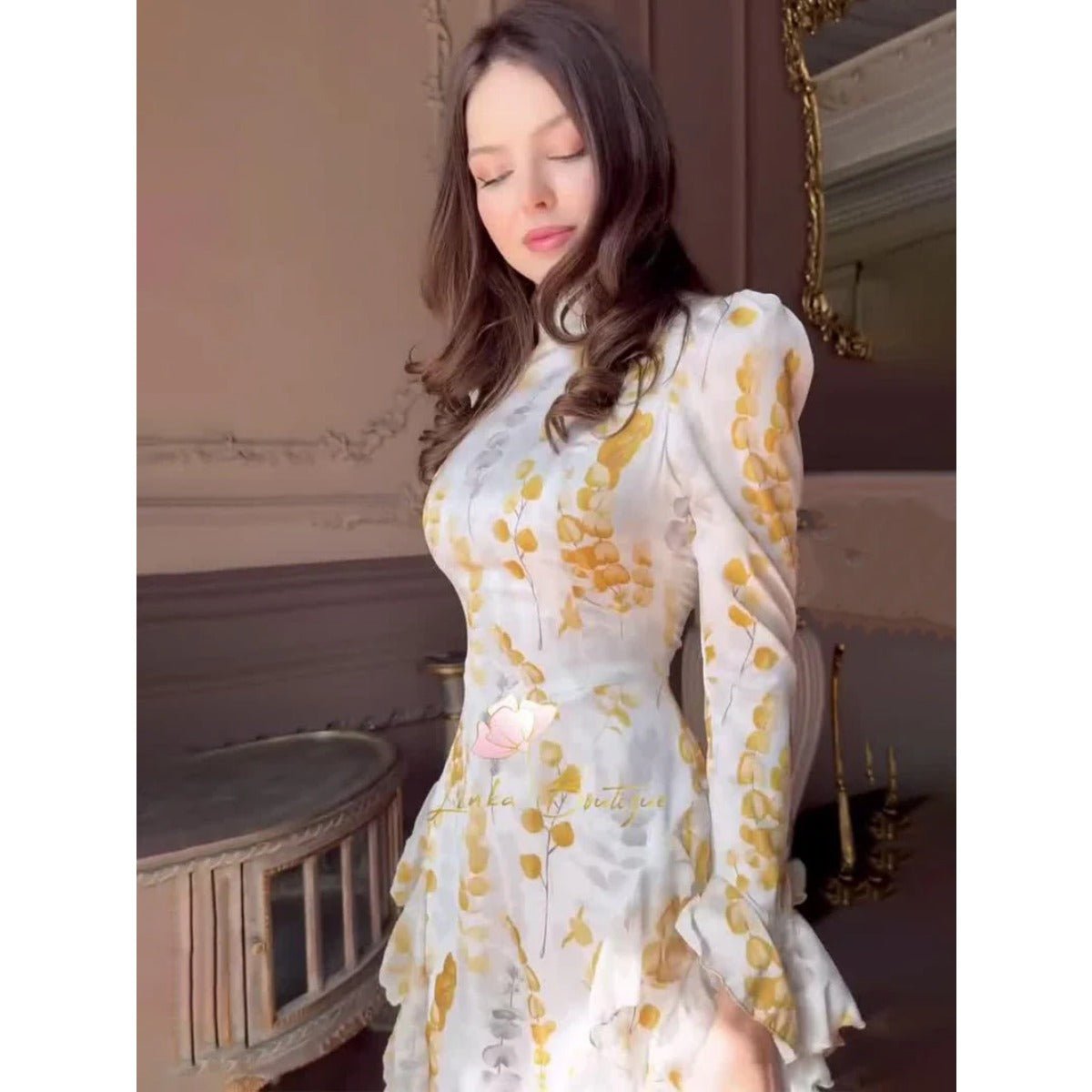 Bell Sleeve Floral Print Satin Lace - Up Back Long Sleeve Modest Abaya. (MA165) - Mariam's Collection