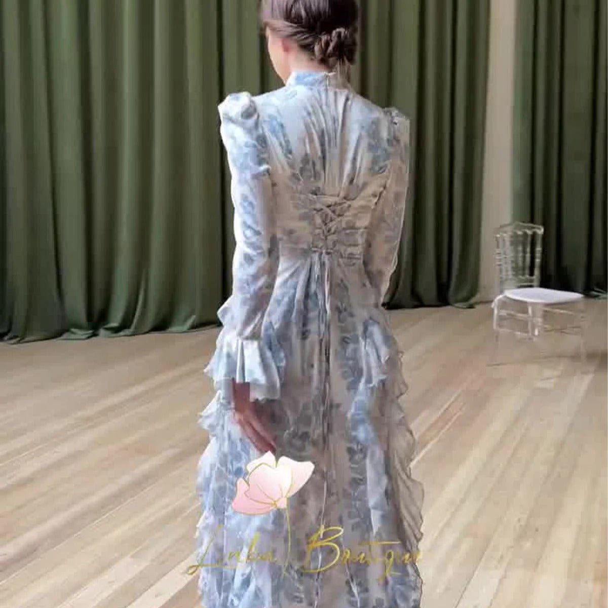 Bell Sleeve Floral Print Satin Lace - Up Back Long Sleeve Modest Abaya. (MA165) - Mariam's Collection