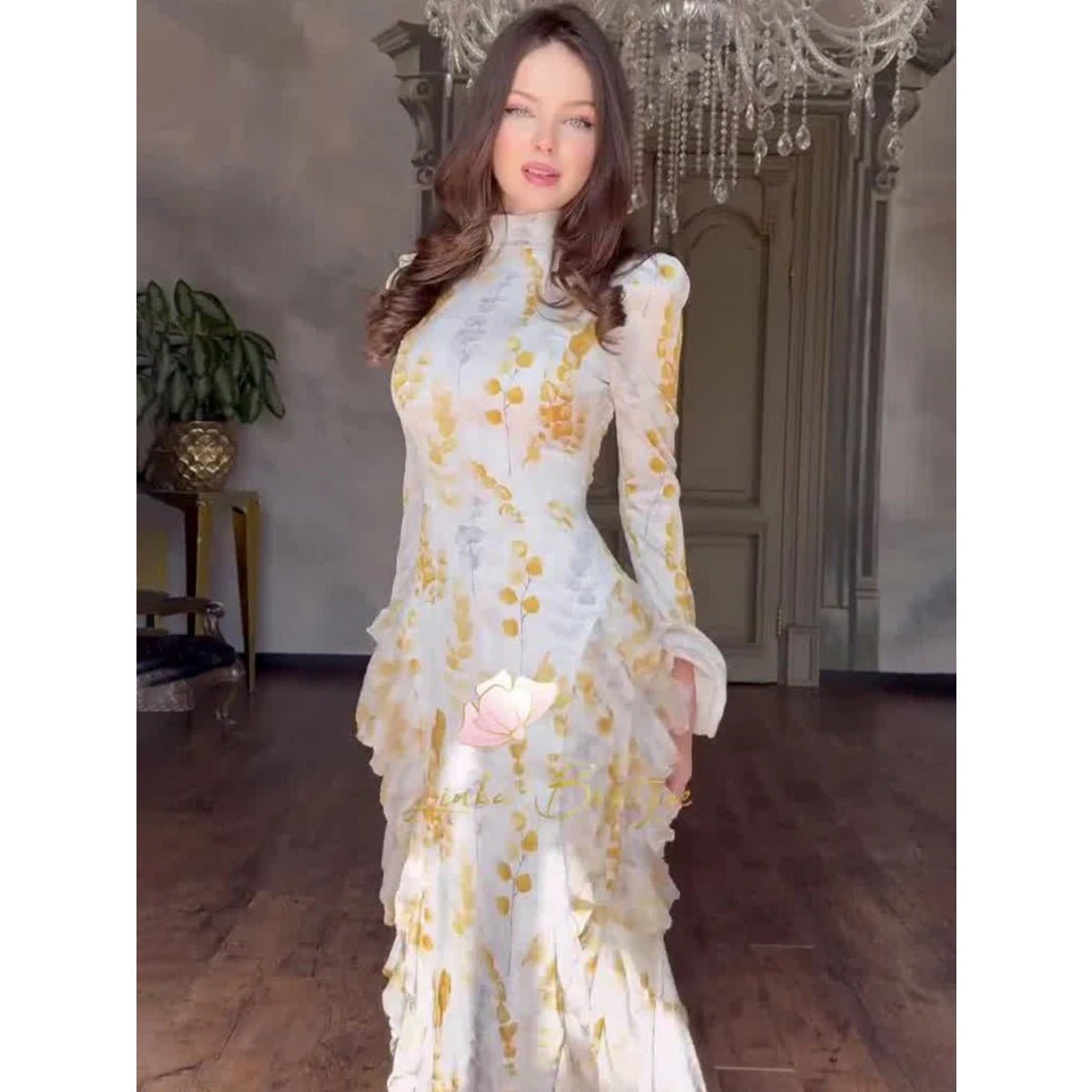 Bell Sleeve Floral Print Satin Lace - Up Back Long Sleeve Modest Abaya. (MA165) - Mariam's Collection