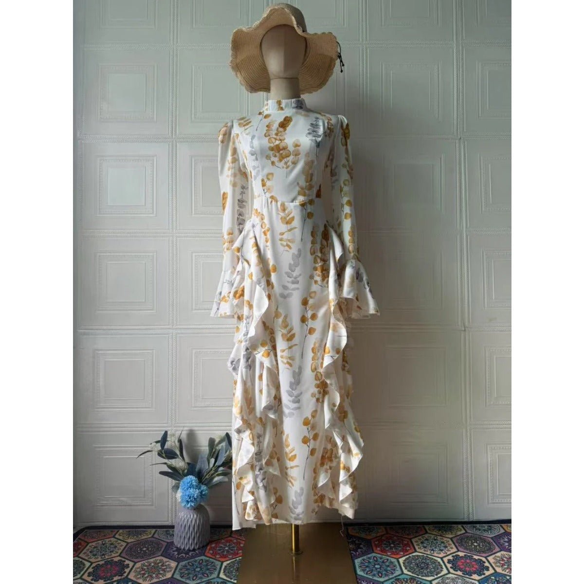 Bell Sleeve Floral Print Satin Lace - Up Back Long Sleeve Modest Abaya. (MA165) - Mariam's Collection