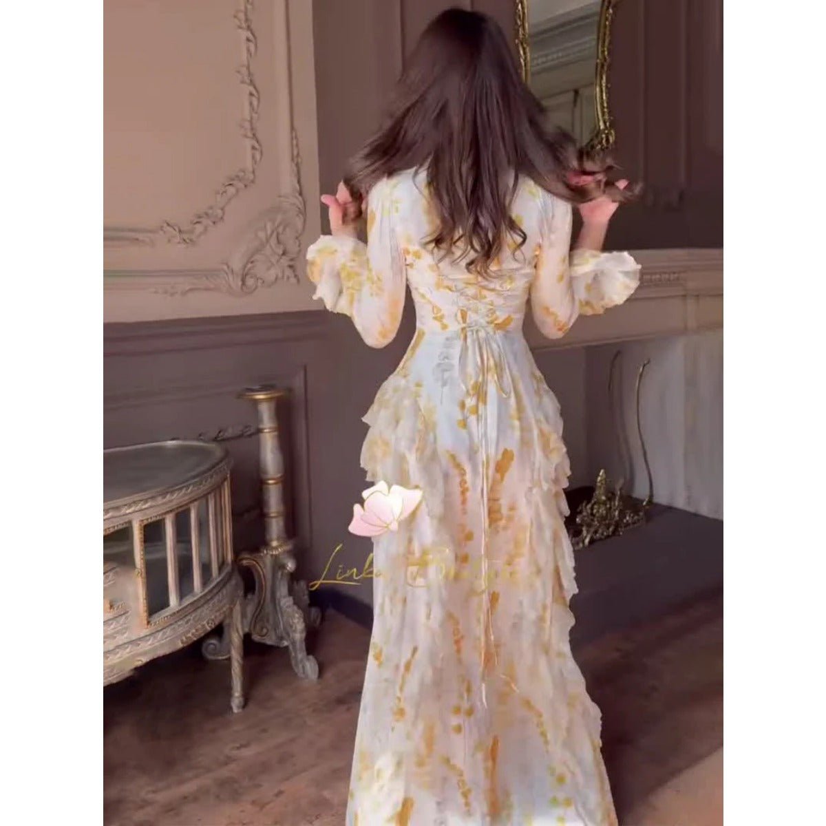 Bell Sleeve Floral Print Satin Lace - Up Back Long Sleeve Modest Abaya. (MA165) - Mariam's Collection