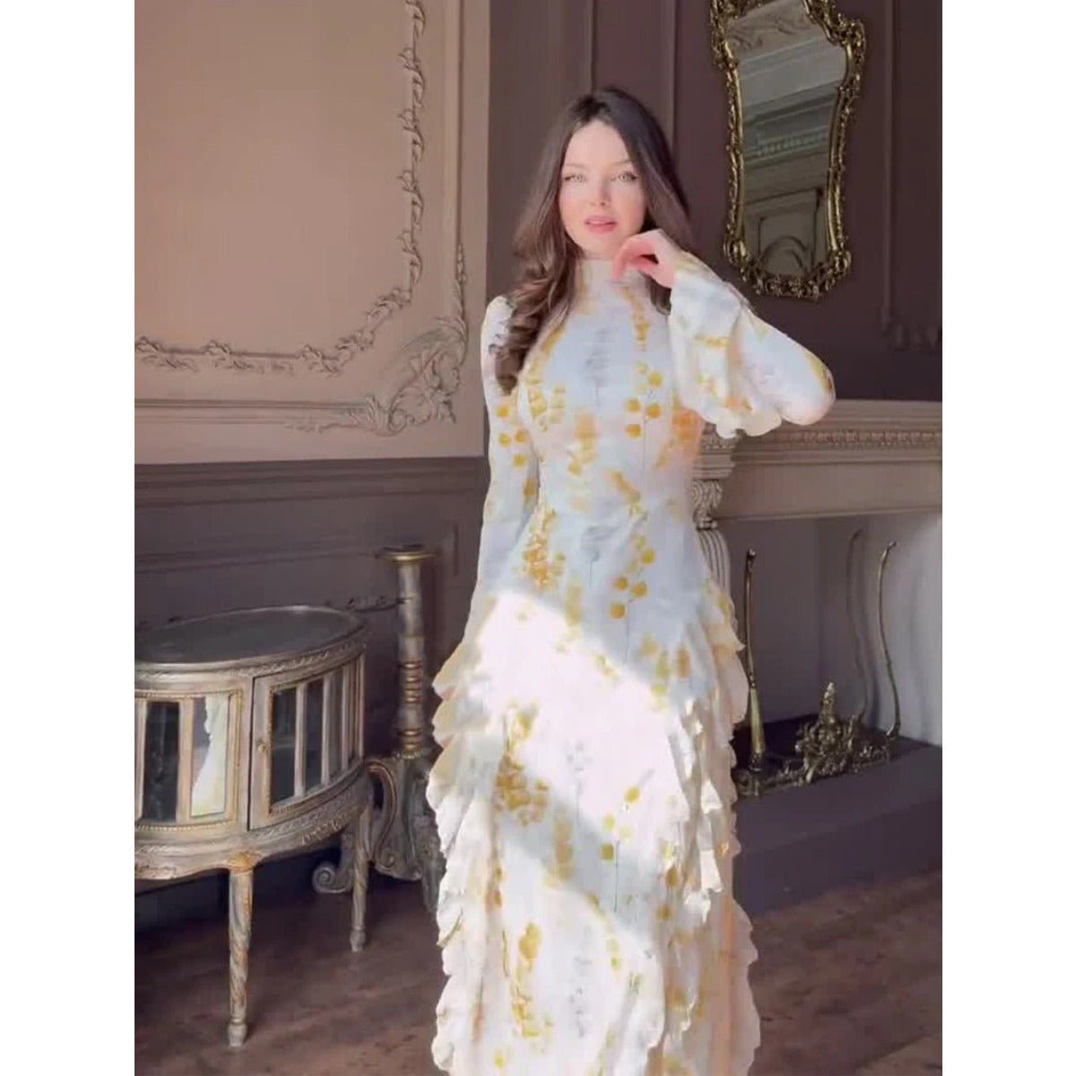 Bell Sleeve Floral Print Satin Lace - Up Back Long Sleeve Modest Abaya. (MA165) - Mariam's Collection