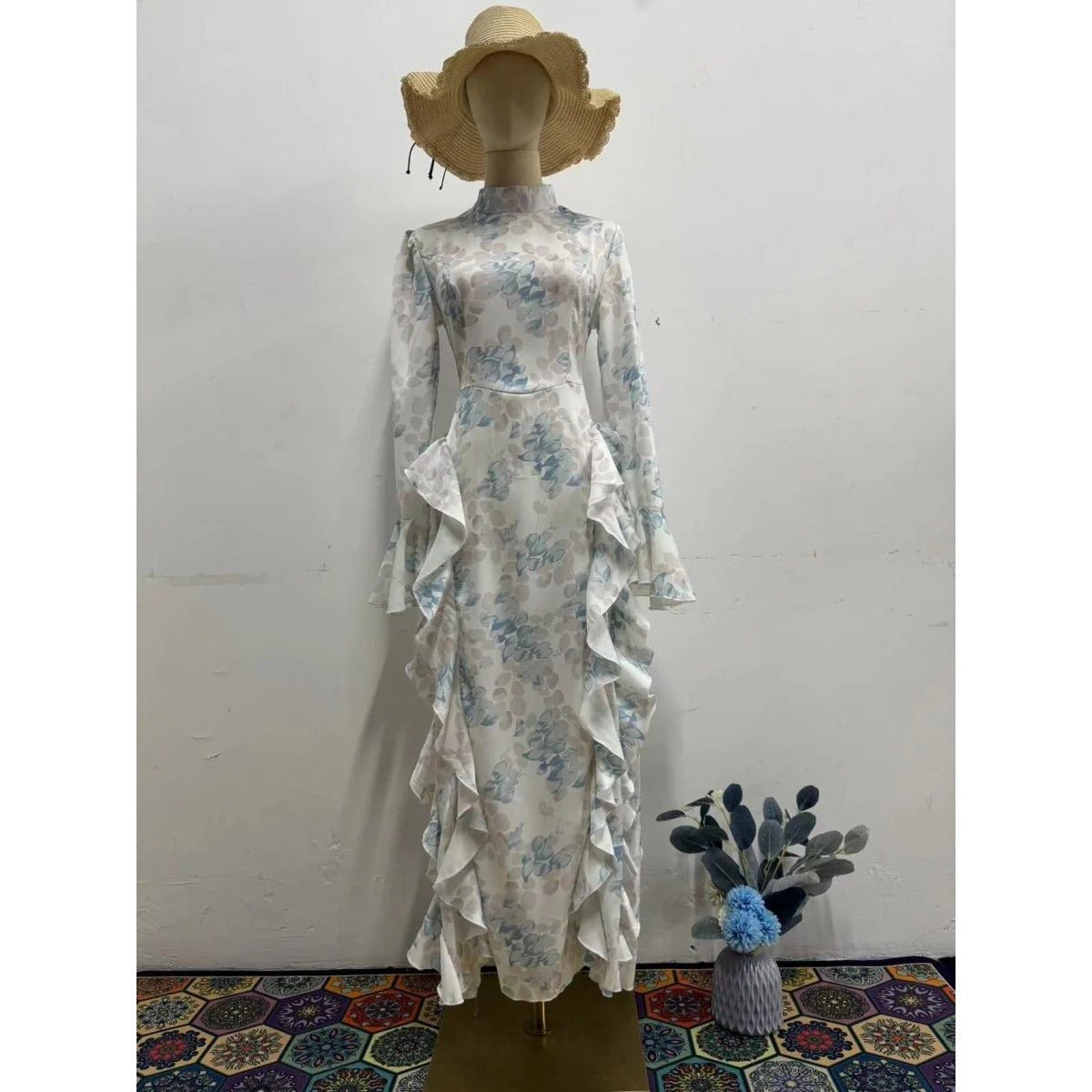 Bell Sleeve Floral Print Satin Lace - Up Back Long Sleeve Modest Abaya. (MA165) - Mariam's Collection