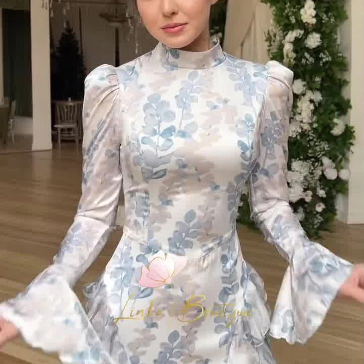 Bell Sleeve Floral Print Satin Lace - Up Back Long Sleeve Modest Abaya. (MA165) - Mariam's Collection