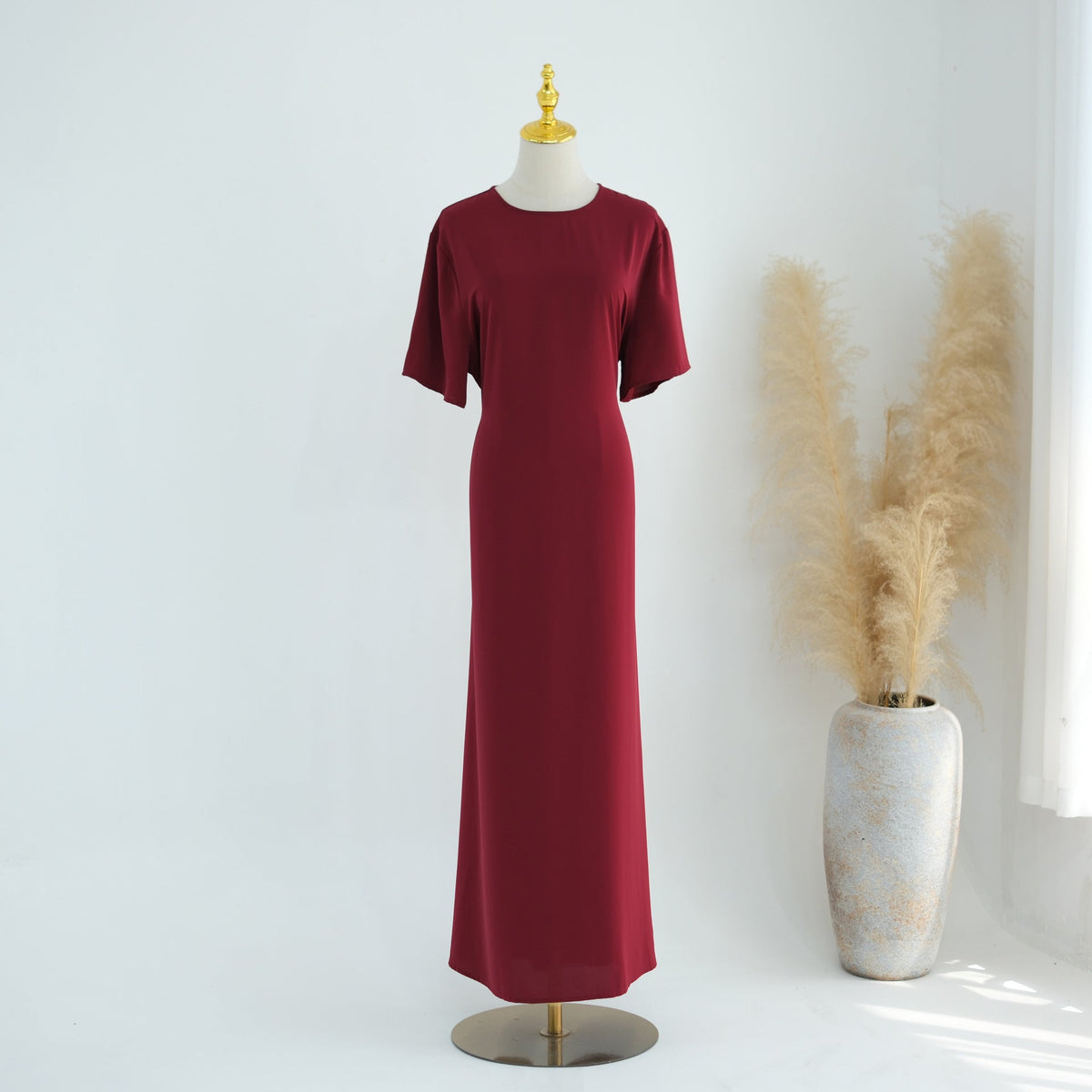 Belted Inner Maxi Dress | Minimalist Mid-Sleeve Layering Dress(MS568) - Mariam's Collection