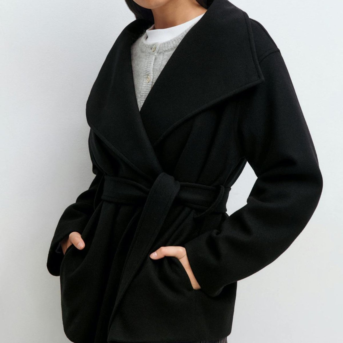 Belted Wrap Coat with Wide Collar | Double - Faced Wool Blend Jacket(MS254) - Mariam's Collection