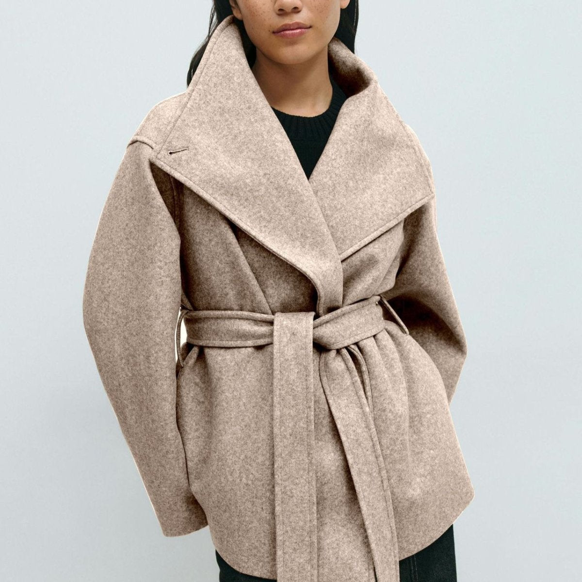 Belted Wrap Coat with Wide Collar | Double - Faced Wool Blend Jacket(MS254) - Mariam's Collection