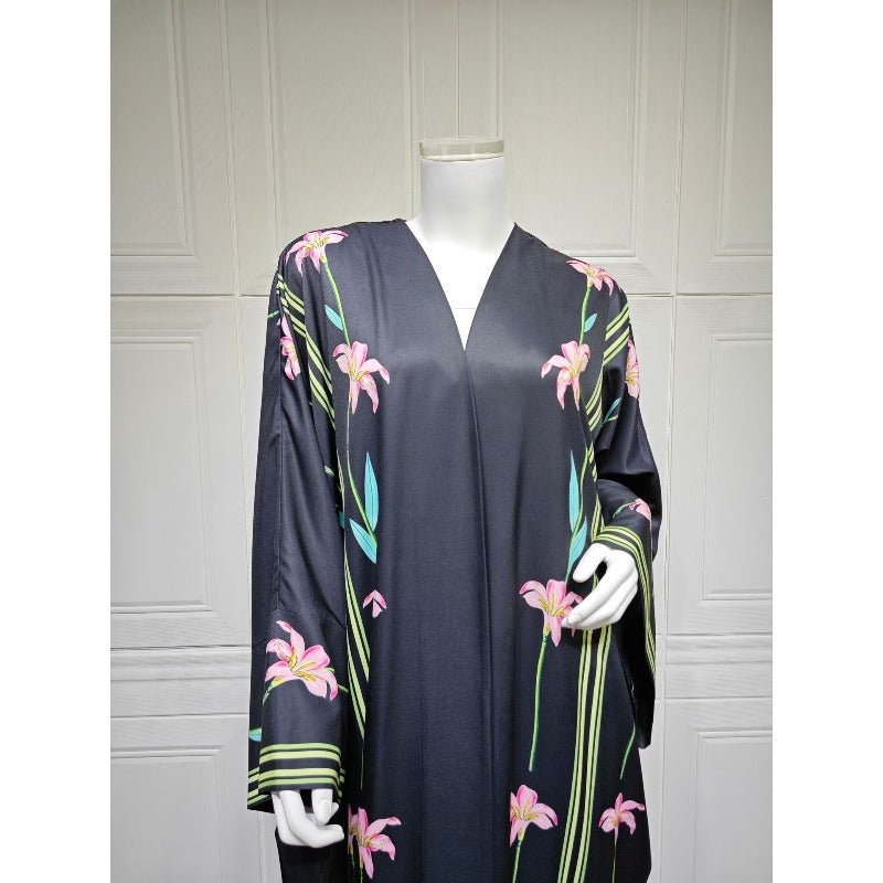 Black Floral Print Abaya Set | Lightweight Breathable Cardigan with Matching Hijab(MOA230) - Mariam's Collection