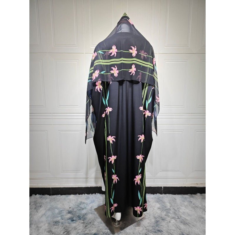 Black Floral Print Abaya Set | Lightweight Breathable Cardigan with Matching Hijab(MOA230) - Mariam's Collection