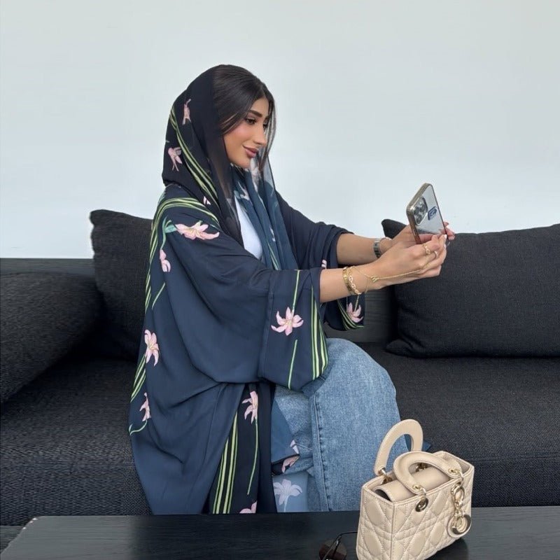 Black Floral Print Abaya Set | Lightweight Breathable Cardigan with Matching Hijab(MOA230) - Mariam's Collection