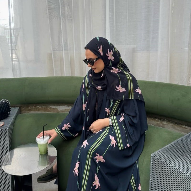 Black Floral Print Abaya Set | Lightweight Breathable Cardigan with Matching Hijab(MOA230) - Mariam's Collection