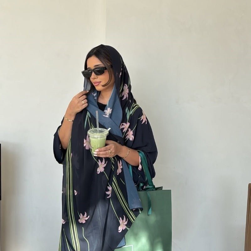 Black Floral Print Abaya Set | Lightweight Breathable Cardigan with Matching Hijab(MOA230) - Mariam's Collection