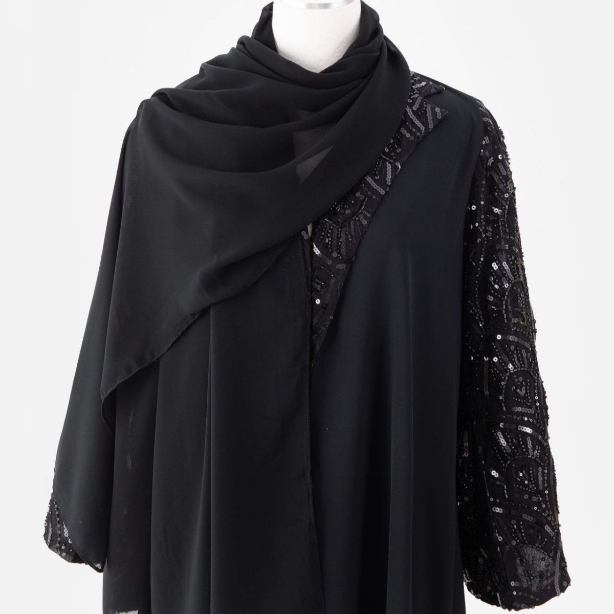 Black Sequin & Bead Embroidered Sleeve Open Abaya(MOA339) - Mariam's Collection