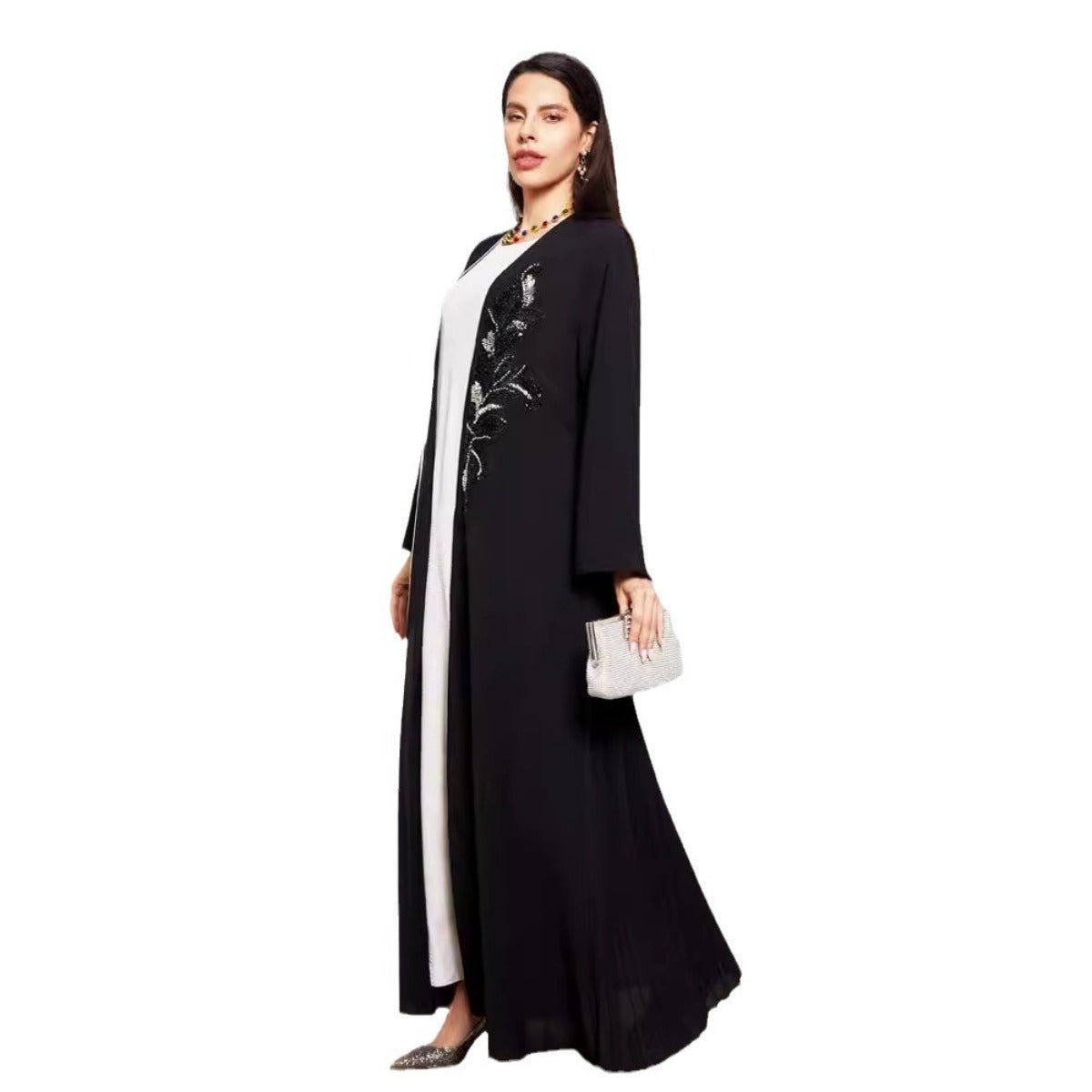 Black & Silver Embroidered Open Front Robe - Modest Elegant Abaya(MOA216) - Mariam's Collection