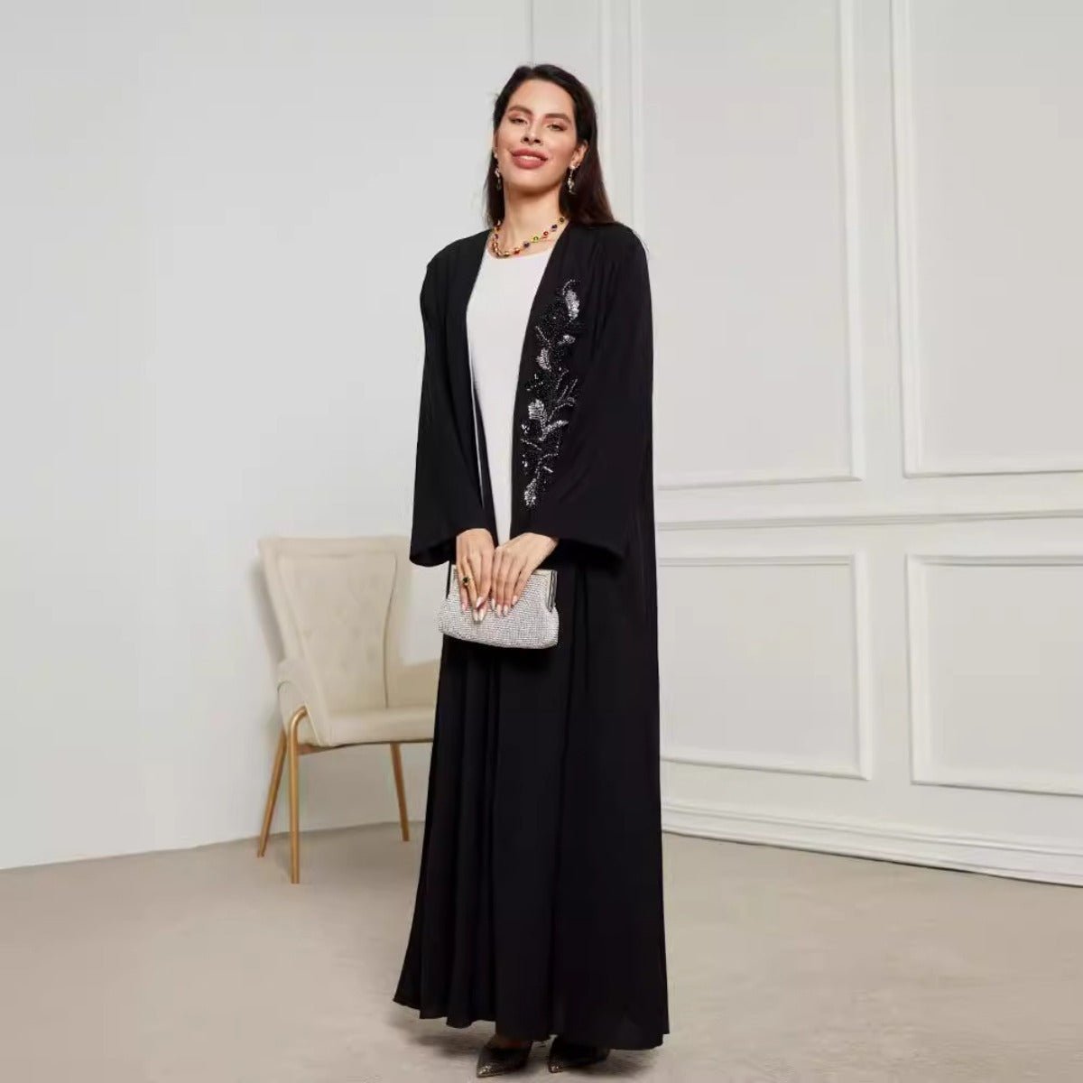 Black & Silver Embroidered Open Front Robe - Modest Elegant Abaya(MOA216) - Mariam's Collection