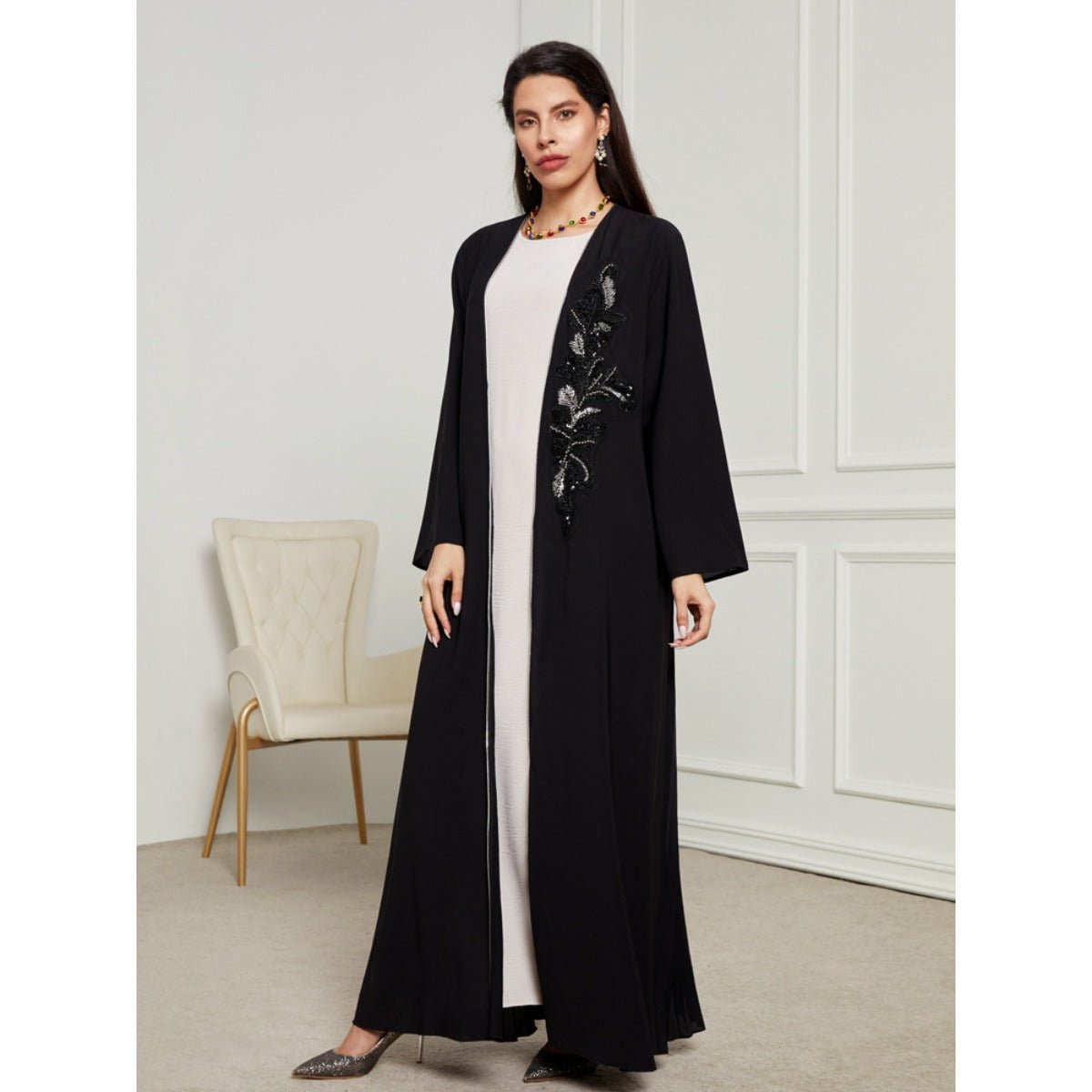 Black & Silver Embroidered Open Front Robe - Modest Elegant Abaya(MOA216) - Mariam's Collection