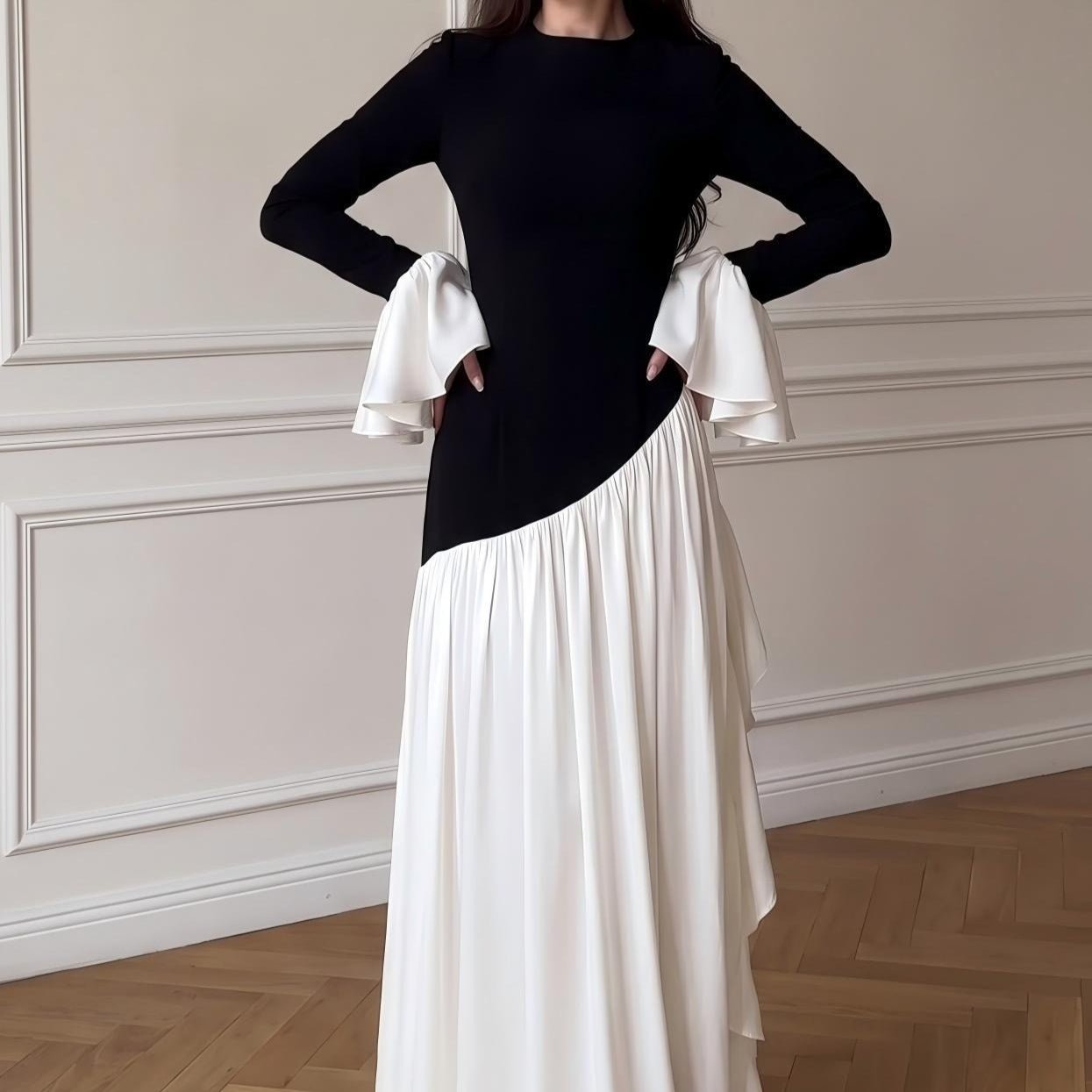Black & White Colour-Block Ruffle Cuff Maxi Dress(MS509) - Mariam's Collection