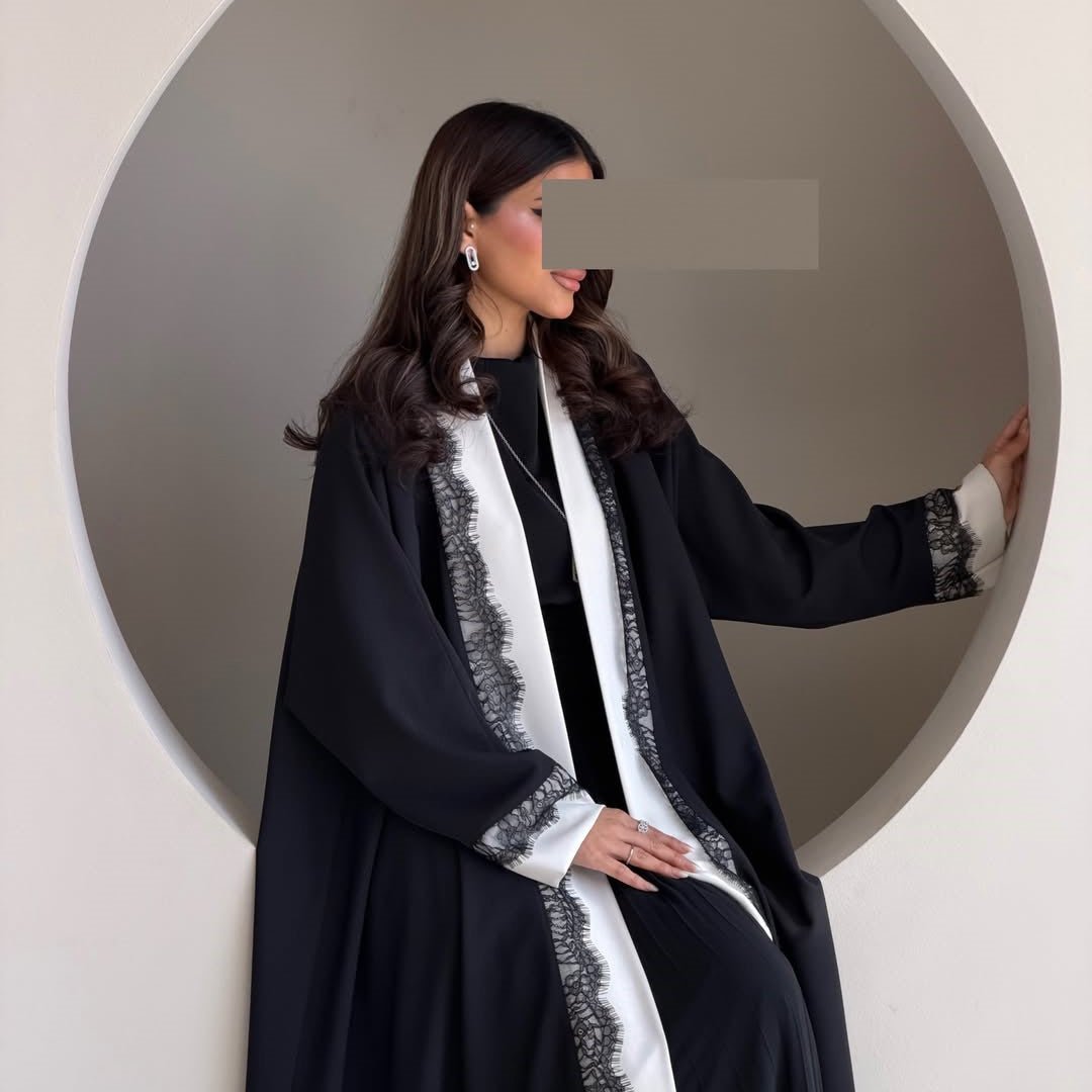 Black & White Lace Trim Open Abaya – Crepe Open Abaya