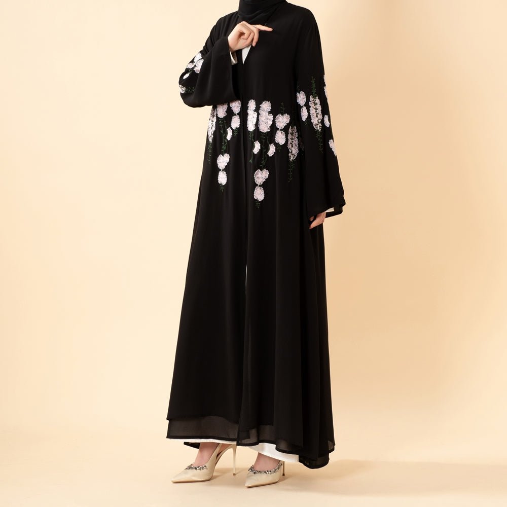Bloom Embroidered Layered Chiffon Open Abaya(MOA308) - Mariam's Collection