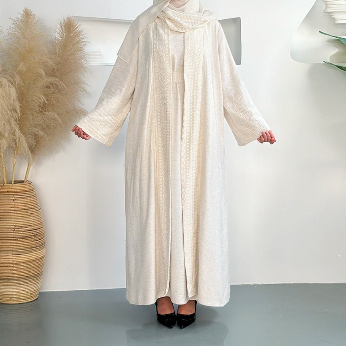 Blossom Elegance Modest Luxury 3 - Piece Abaya Set | Pink & Beige Bell Sleeve Robe with Inner Dress & Hijab. (MOA193) - Mariam's Collection