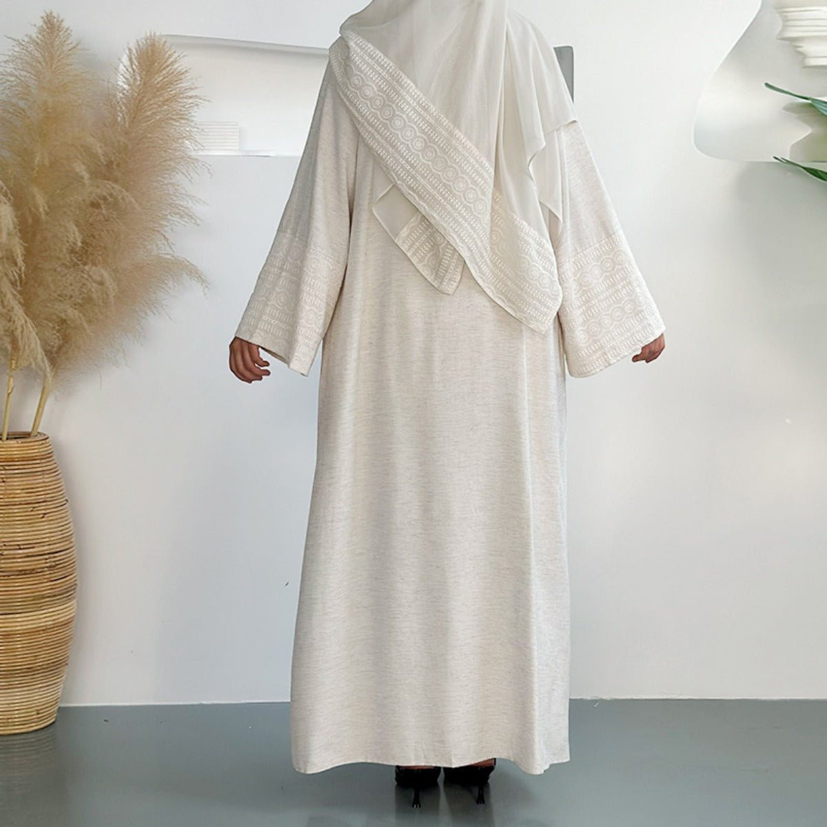 Blossom Elegance Modest Luxury 3 - Piece Abaya Set | Pink & Beige Bell Sleeve Robe with Inner Dress & Hijab. (MOA193) - Mariam's Collection