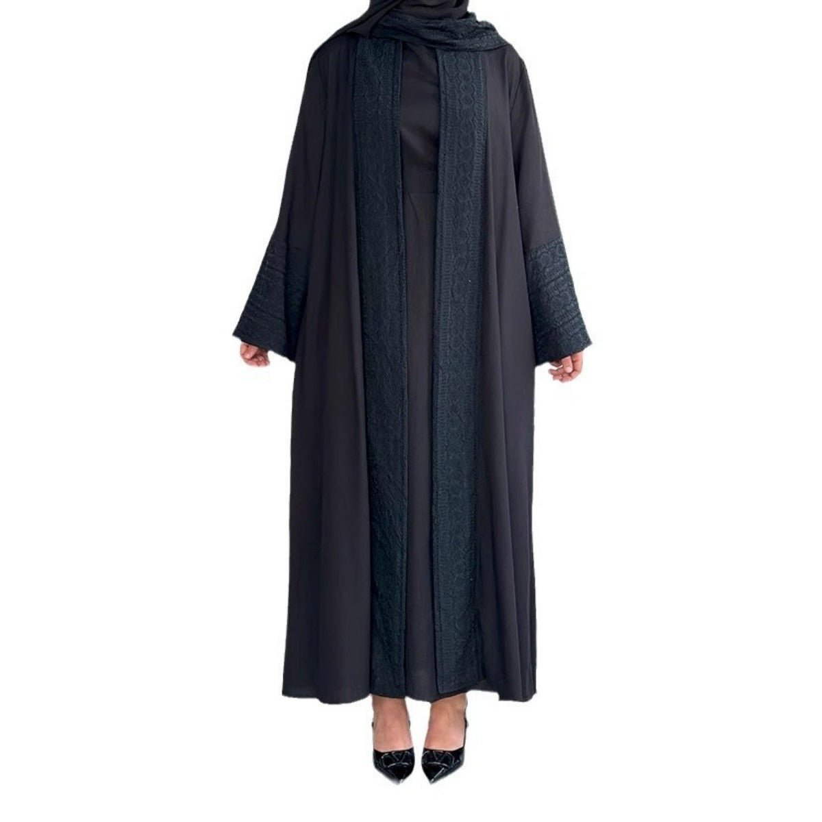 Blossom Elegance Modest Luxury 3 - Piece Abaya Set | Pink & Beige Bell Sleeve Robe with Inner Dress & Hijab. (MOA193) - Mariam's Collection