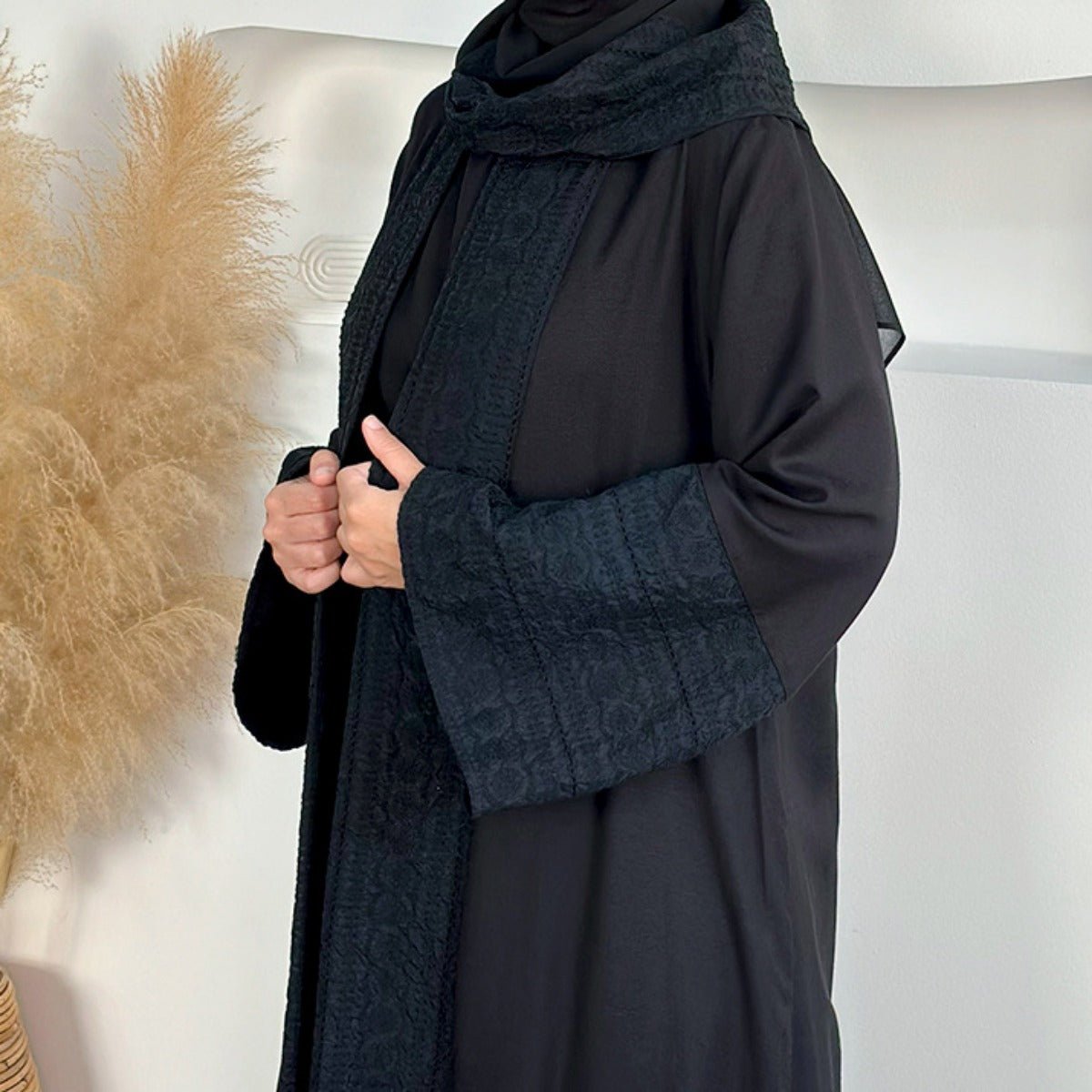 Blossom Elegance Modest Luxury 3 - Piece Abaya Set | Pink & Beige Bell Sleeve Robe with Inner Dress & Hijab. (MOA193) - Mariam's Collection