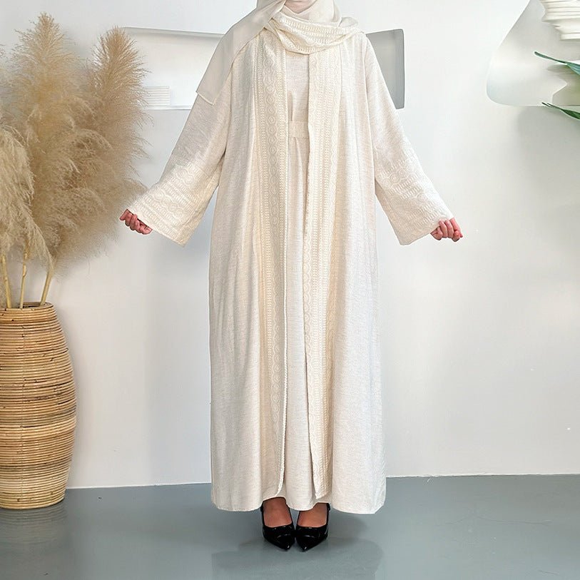 Blossom Elegance Modest Luxury 3 - Piece Abaya Set | Pink & Beige Bell Sleeve Robe with Inner Dress & Hijab. (MOA193) - Mariam's Collection