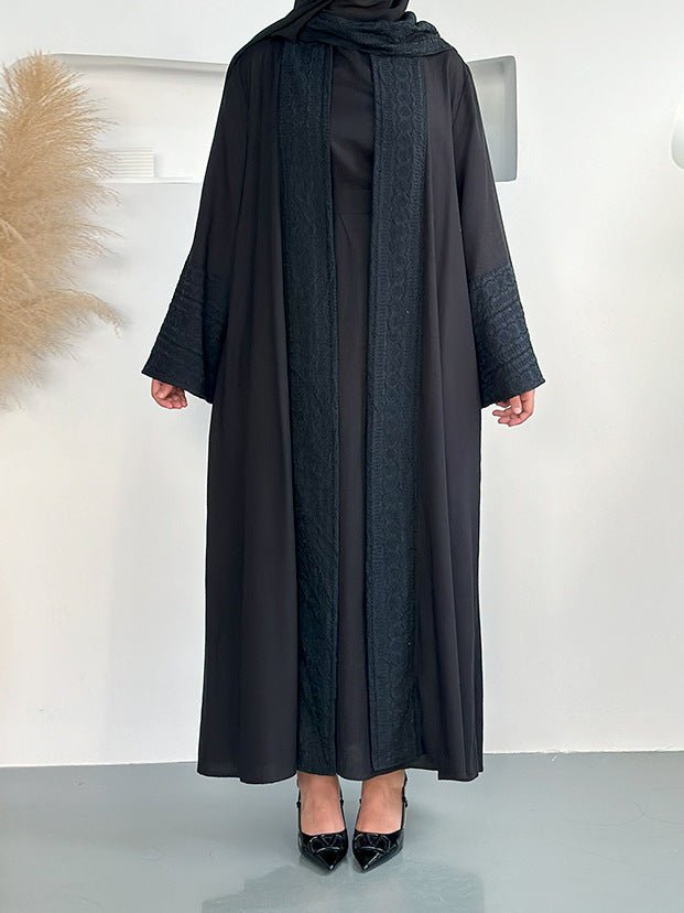 Blossom Elegance Modest Luxury 3 - Piece Abaya Set | Pink & Beige Bell Sleeve Robe with Inner Dress & Hijab. (MOA193) - Mariam's Collection