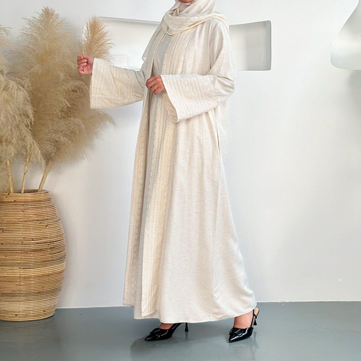 Blossom Elegance Modest Luxury 3 - Piece Abaya Set | Pink & Beige Bell Sleeve Robe with Inner Dress & Hijab. (MOA193) - Mariam's Collection