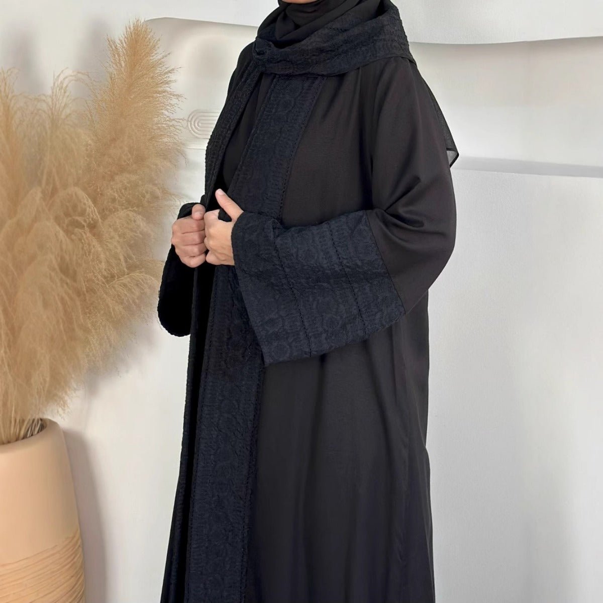 Blossom Elegance Modest Luxury 3 - Piece Abaya Set | Pink & Beige Bell Sleeve Robe with Inner Dress & Hijab. (MOA193) - Mariam's Collection