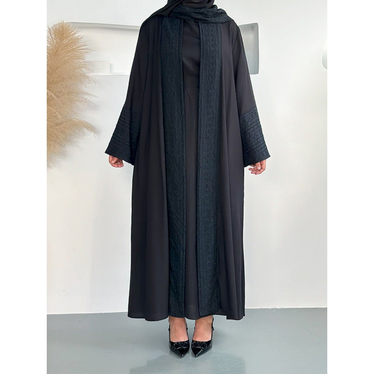 Blossom Elegance Modest Luxury 3 - Piece Abaya Set | Pink & Beige Bell Sleeve Robe with Inner Dress & Hijab. (MOA193) - Mariam's Collection