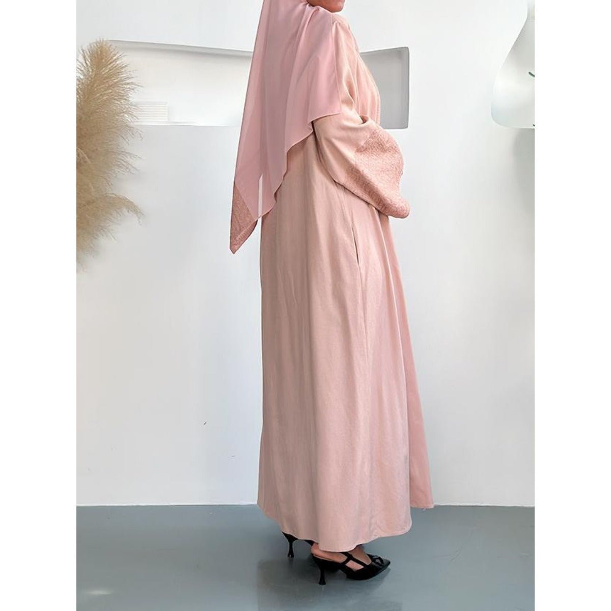 Blossom Elegance Modest Luxury 3 - Piece Abaya Set | Pink & Beige Bell Sleeve Robe with Inner Dress & Hijab. (MOA193) - Mariam's Collection