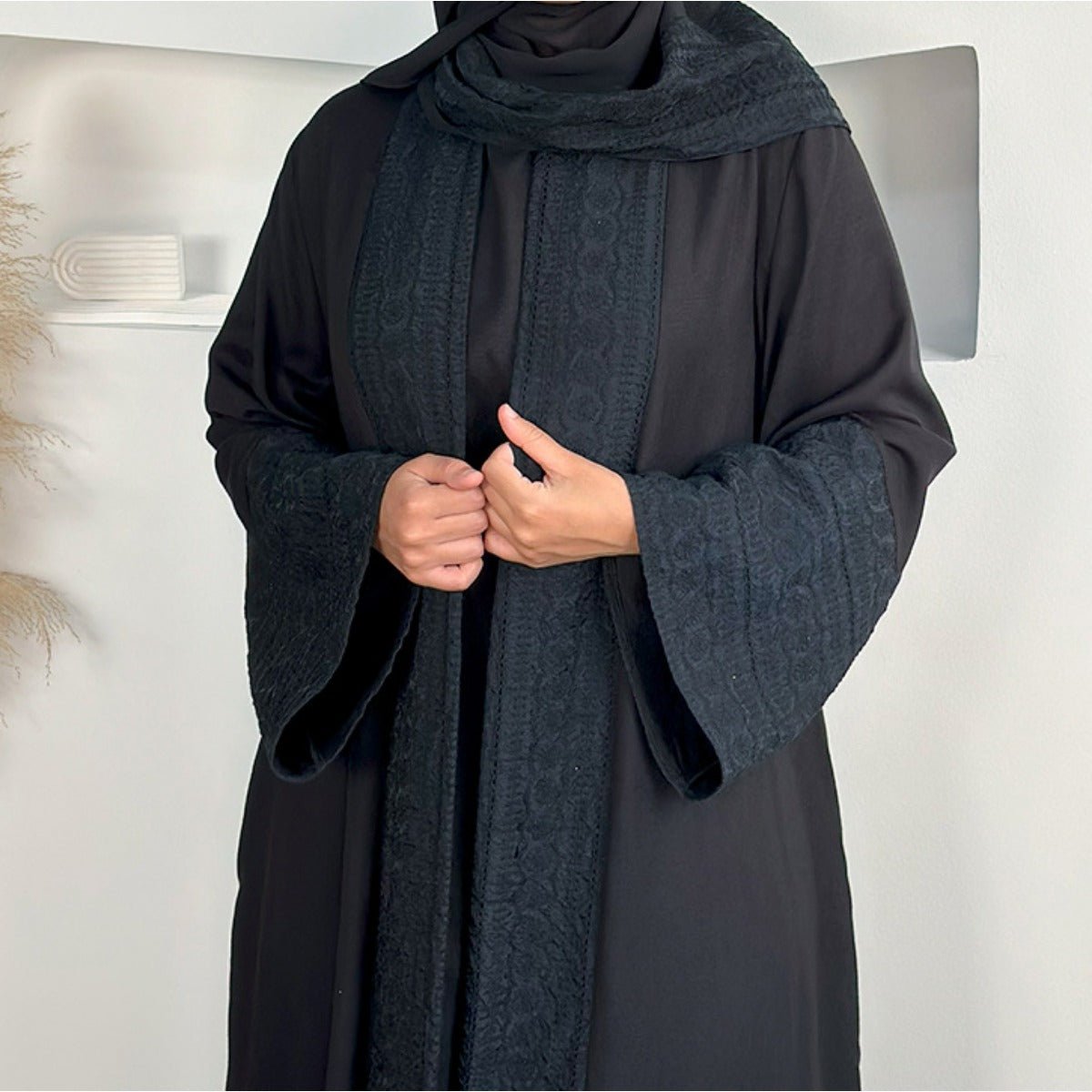 Blossom Elegance Modest Luxury 3 - Piece Abaya Set | Pink & Beige Bell Sleeve Robe with Inner Dress & Hijab. (MOA193) - Mariam's Collection