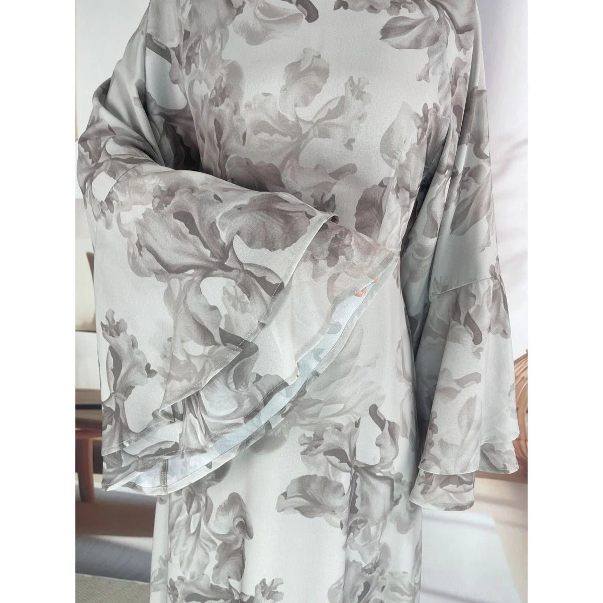 Blossom Printed Chiffon Abaya | Flared Sleeve Abaya (MA149) - Mariam's Collection