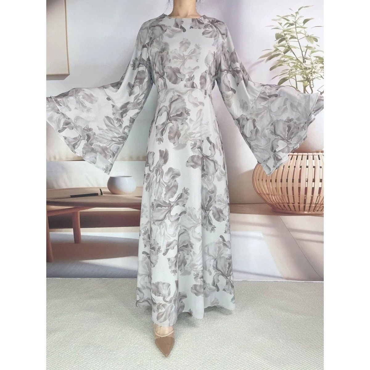 Blossom Printed Chiffon Abaya | Flared Sleeve Abaya (MA149) - Mariam's Collection