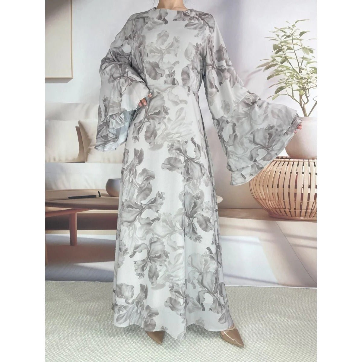 Blossom Printed Chiffon Abaya | Flared Sleeve Abaya (MA149) - Mariam's Collection