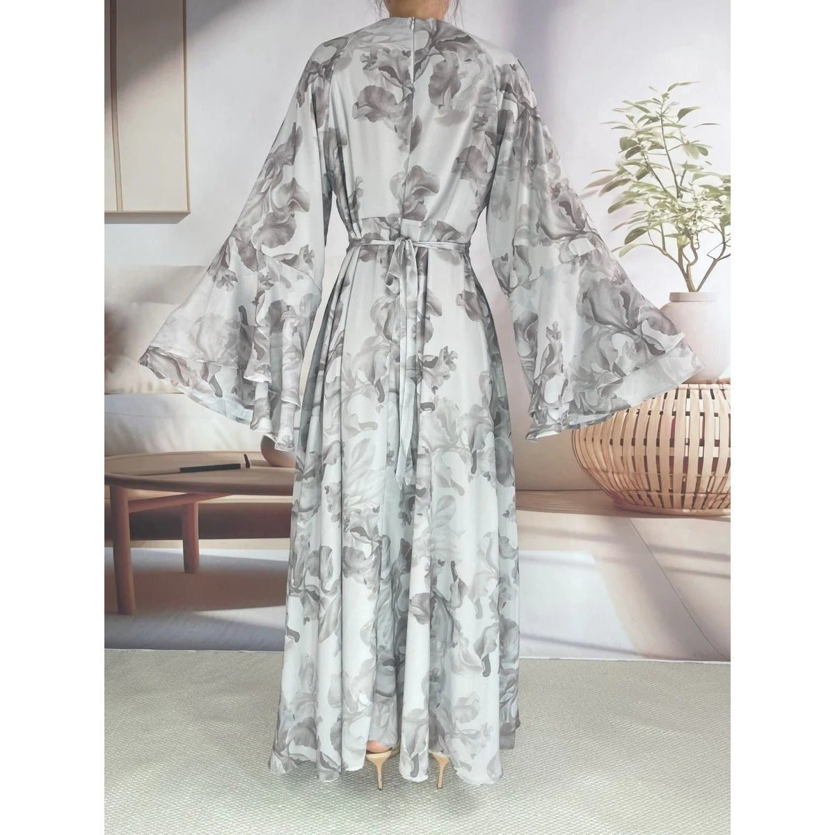 Blossom Printed Chiffon Abaya | Flared Sleeve Abaya (MA149) - Mariam's Collection