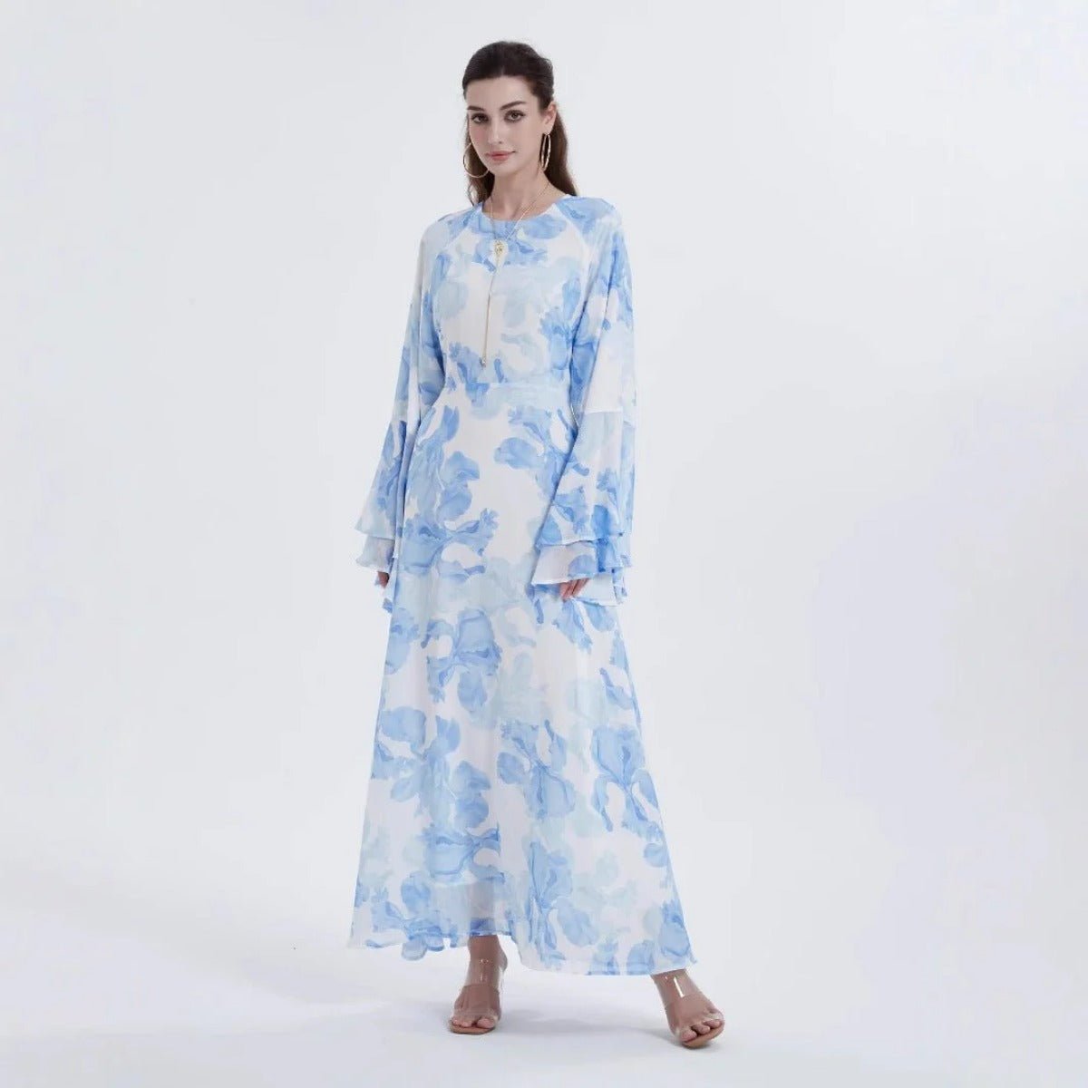 Blossom Printed Chiffon Abaya | Flared Sleeve Abaya (MA149) - Mariam's Collection