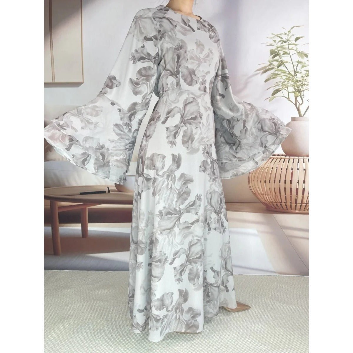 Blossom Printed Chiffon Abaya | Flared Sleeve Abaya (MA149) - Mariam's Collection